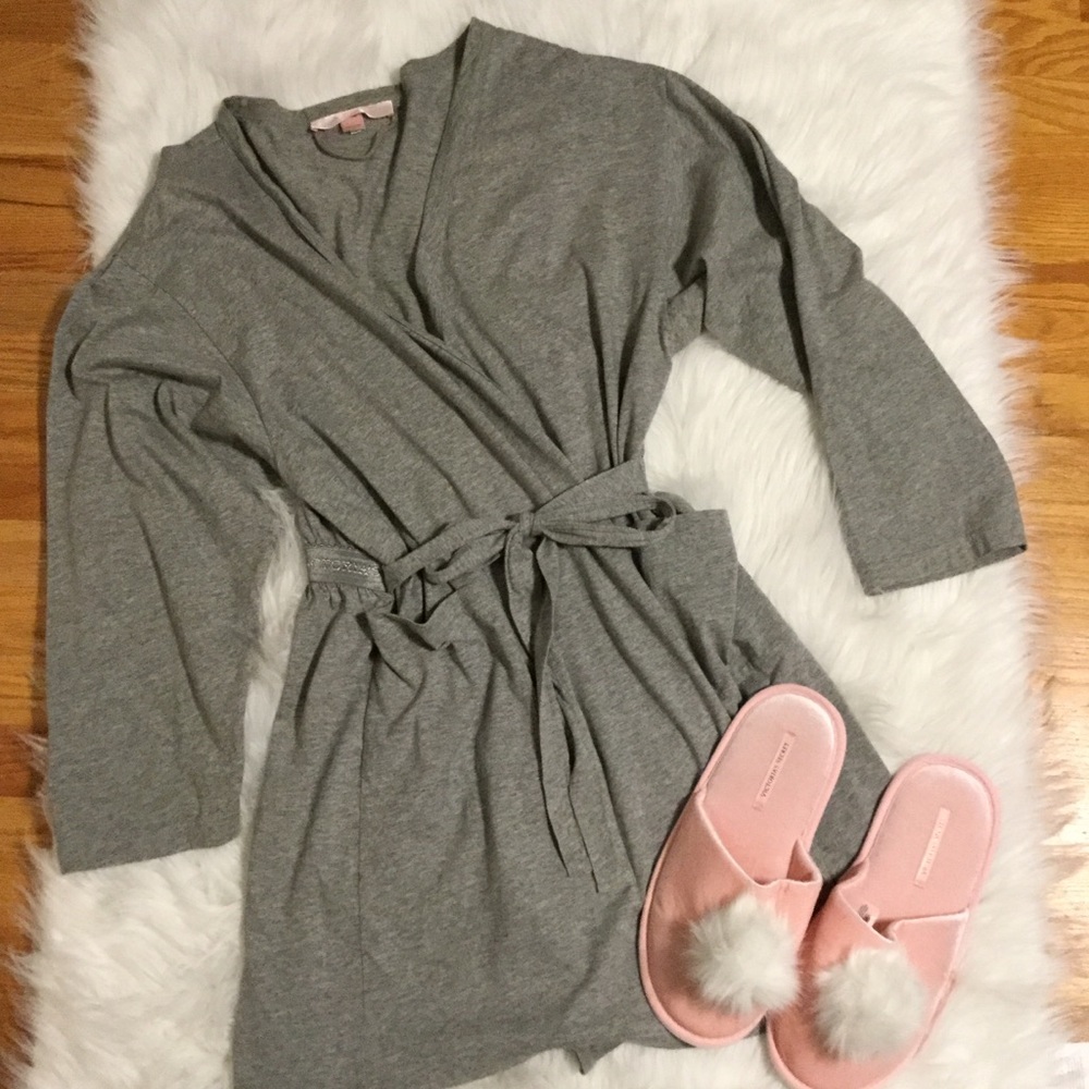 Victoria's Secret Gray Robe with Pink Slippers